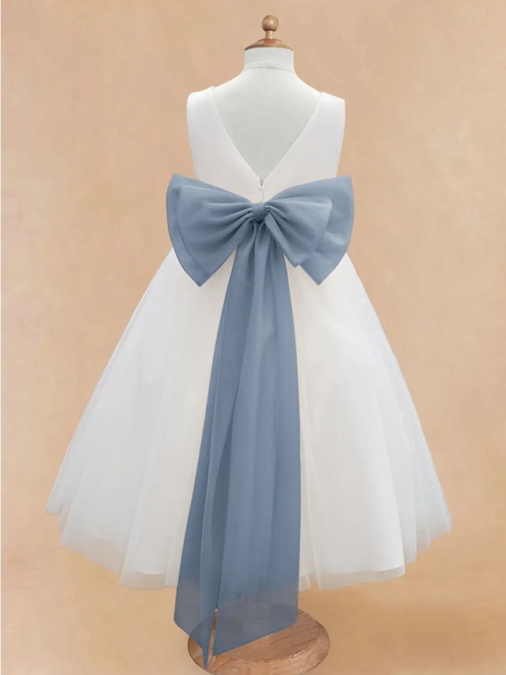 Azazie Kavi Ivory Dusty Blue A-Line Bow Matte Satin flower girl Dress size 2T